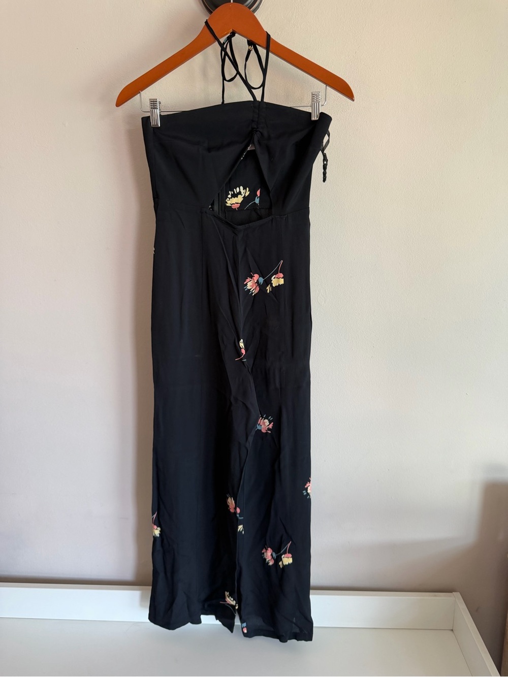 Flynn Skye Black Floral Halter Cutout Wide Leg Jumpsuit Small Made in USA